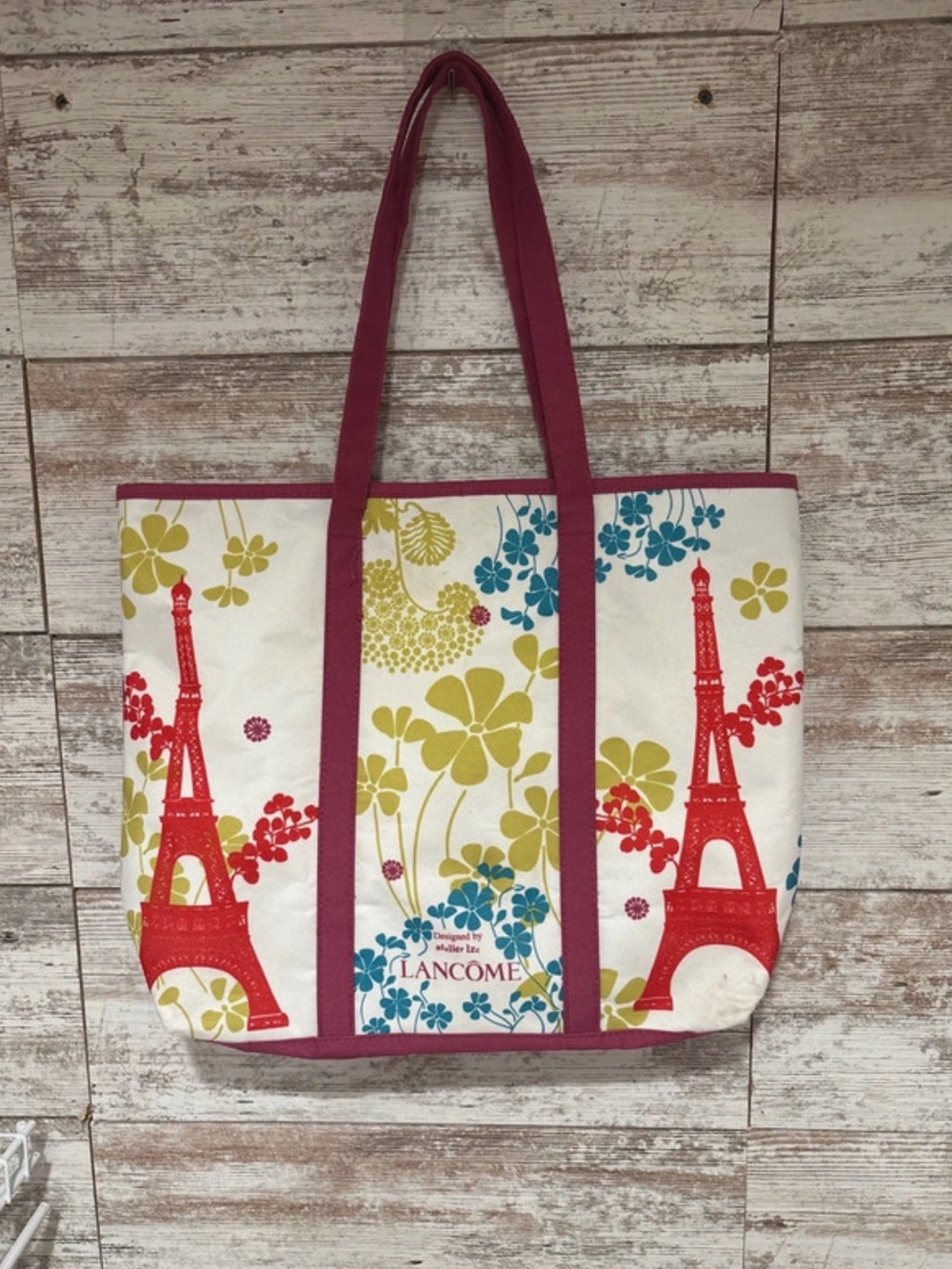 Lancome Canvas Tote with Pink Straps and Red Eiffel Motif